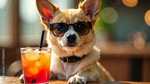 Cute dog in sunglasses with cocktail. Vacation and rest concept
