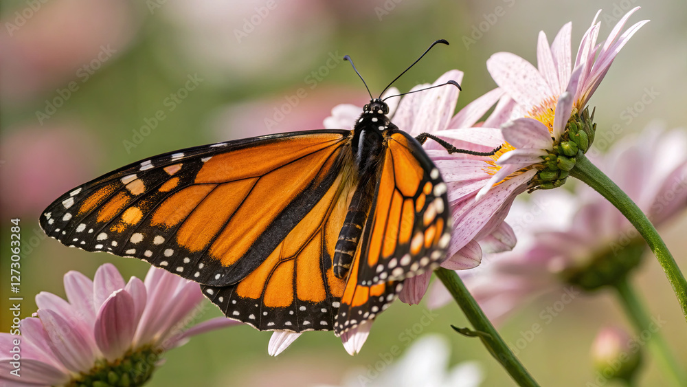 Fototapeta premium close-up of a butterfly resting on a flower, with every detail of its wings and the flower’s petals visible.