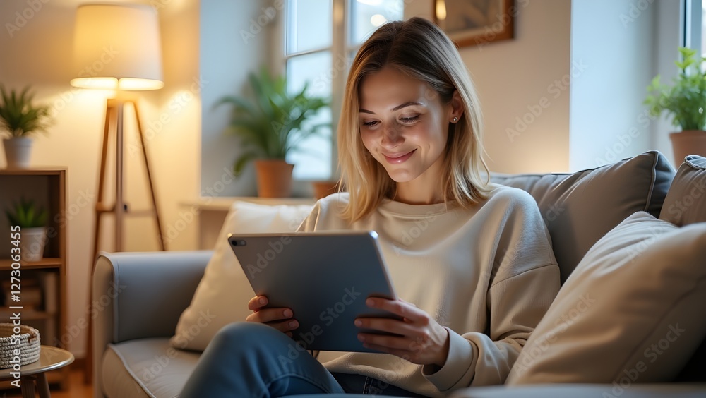 Comfortable Scandinavian Interior with Woman Browsing Online Comfortable Scandinavian Interior with Woman Browsing Online