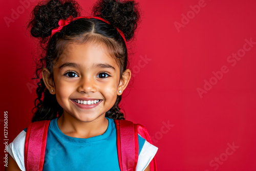 A little girl with a red backpack smiles at the camera