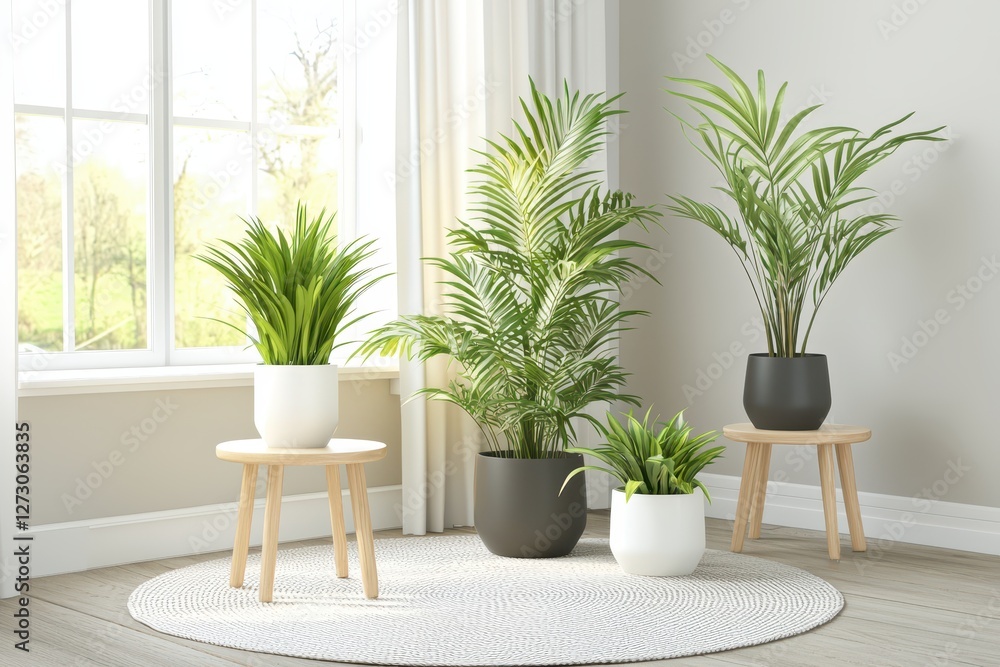 Fototapeta premium Serene indoor oasis featuring lush green houseplants in stylish pots near a bright window creating a calming and refreshing ambiance in a modern home
