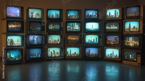 Vintage televisions stacked in a dark room, each screen displaying a different city skyline, blending the past with modern urban life