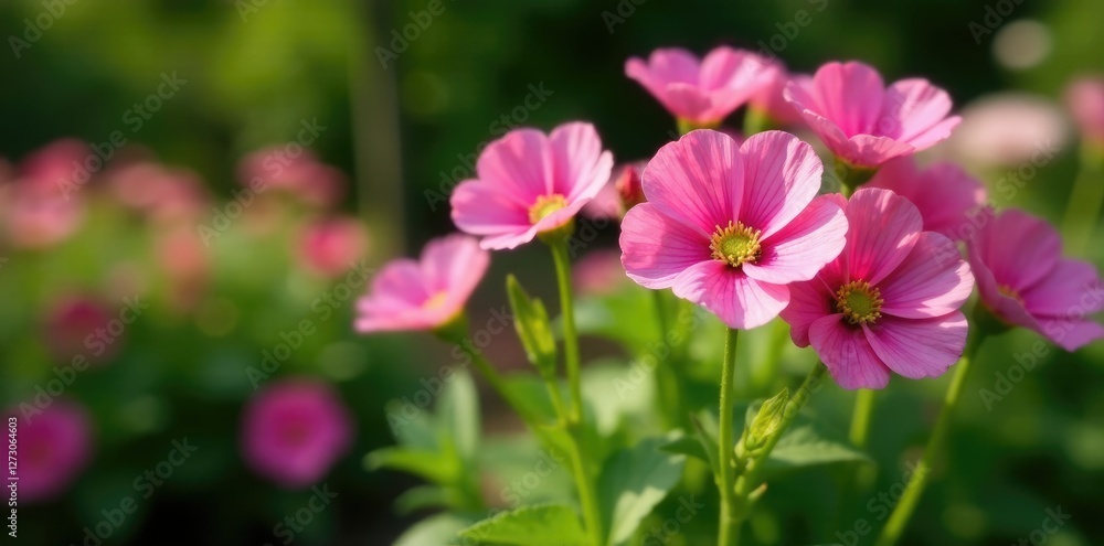Pink musk mallow flowers growing in a garden bed, greenery, flowering plants Pink musk mallow flowers growing in a garden bed, greenery, flowering plants