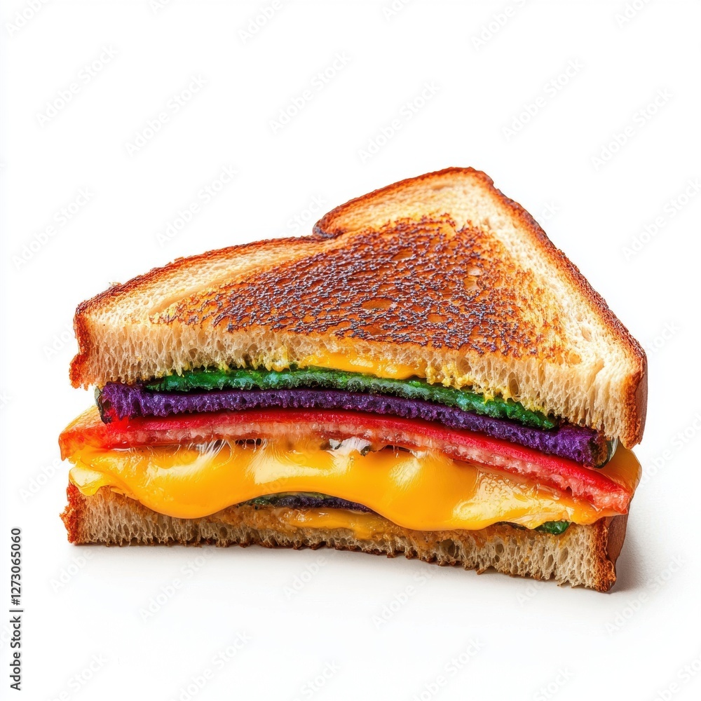 Rainbow grilled cheese sandwich with gooey multicolored cheese isolated on white Rainbow grilled cheese sandwich with gooey multicolored cheese isolated on white