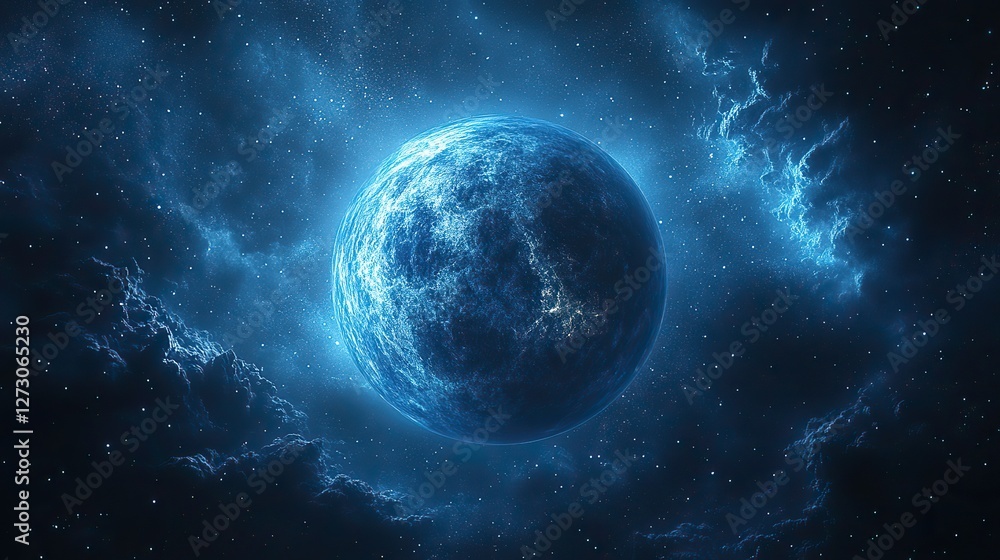 Obraz premium stunning 3d rendering of a vibrant planet floating in outer space with detailed surface textures and glowing atmosphere n perfect for sci fi designs futuristic projects and cosmic visualizations
