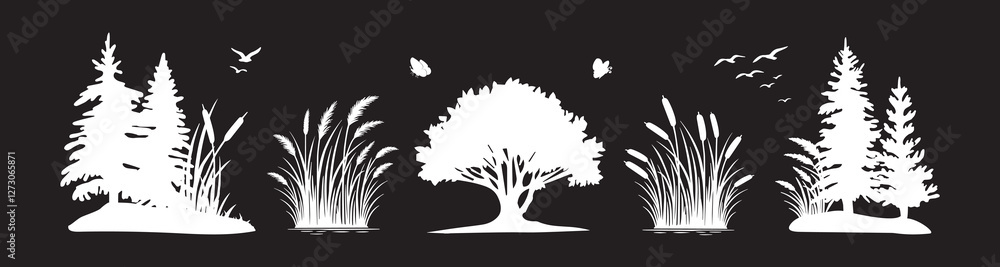 Obraz premium collection of river plants vector black and white silhouette