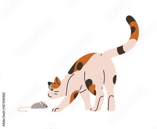 Cute, curious and cautious cat sniffs new toy, mouse. Funny calico kitten, wary kitty smells pet teaser. Happy domestic animal, shocked pussycat. Flat isolated vector illustration on white background