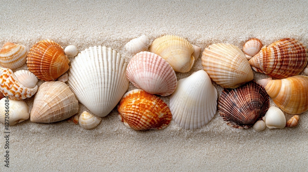 Summer travel adventure discovering colorful seashells on the beach at sea under a blue sky Summer travel adventure discovering colorful seashells on the beach at sea under a blue sky