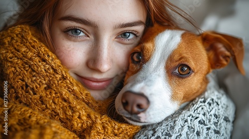 Woman cuddling Jack Russell, cozy home, winter, affection