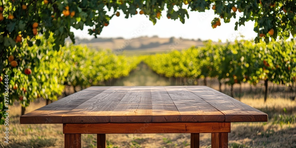 Naklejka premium Spacious wooden table adorned with fresh fruits, set against a vibrant field backdrop.