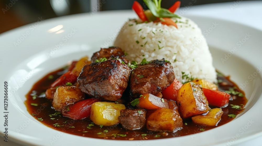 A delicious plate featuring beef, colorful vegetables, and rice garnished with herbs. A delicious plate featuring beef, colorful vegetables, and rice garnished with herbs.