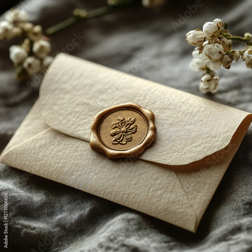 A stamp mockup on an envelope, with a wax seal and elegant branding