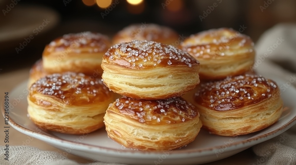 A pile of golden chouquettes sprinkled with sugar, elegantly arranged on a ceramic plate A pile of golden chouquettes sprinkled with sugar, elegantly arranged on a ceramic plate