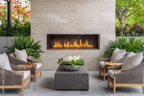 Serene outdoor living space with modern fireplace, inviting chairs, lush greenery, and tranquil ambiance for relaxation and comfort in a stylish setting