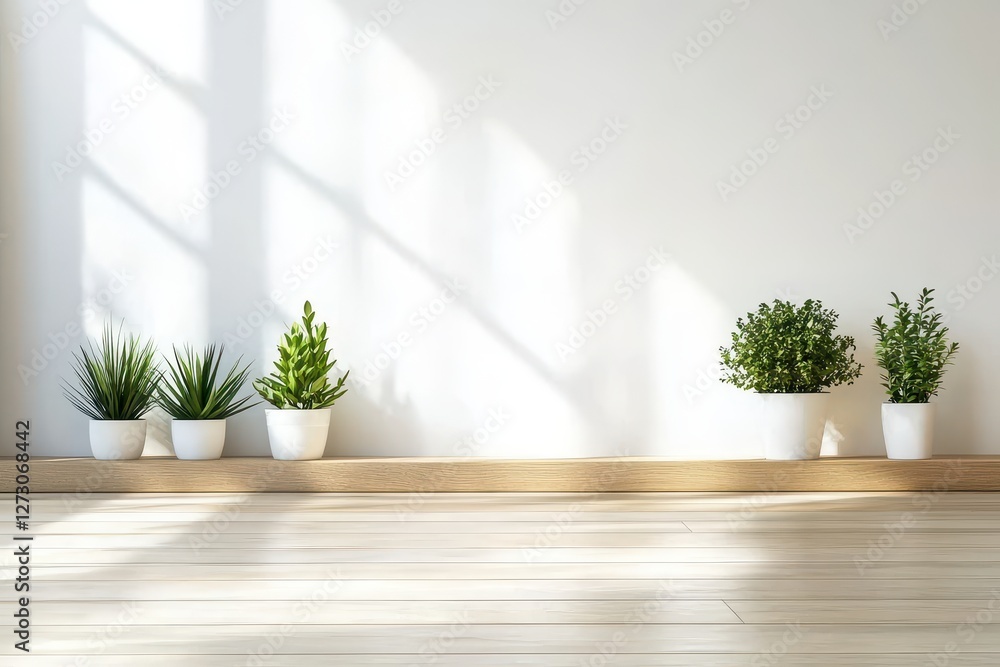 Serene indoor plants in white pots on wooden shelf against bright white wall with soft light and shadow creating a minimalist zen atmosphere Serene indoor plants in white pots on wooden shelf against bright white wall with soft light and shadow creating a minimalist zen atmosphere