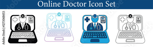Online doctor icon set with a doctor featuring a stethoscope, medical icons, and a laptop screen. Ideal for telemedicine, virtual healthcare, and digital medical services. Clean and modern design