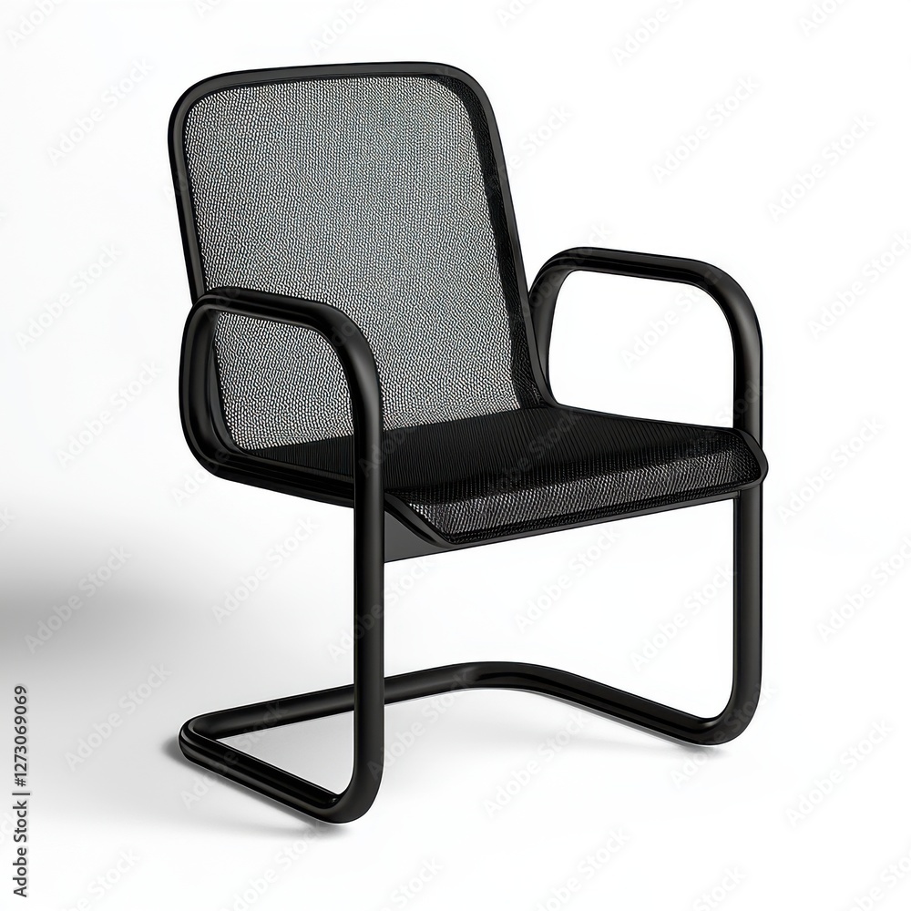 A modern black cantilever chair with mesh seat and back, isolated on white, showcasing its sleek design and minimalist aesthetic for contemporary interiors and office spaces. A modern black cantilever chair with mesh seat and back, isolated on white, showcasing its sleek design and minimalist aesthetic for contemporary interiors and office spaces.