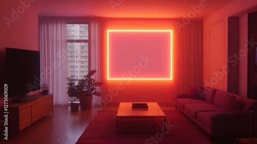 Modern living room with neon square light.