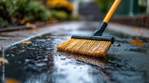 Wallpaper Mural Close-up of a broom cleaning a wet pavement surface outdoors, emphasizing maintenance Torontodigital.ca