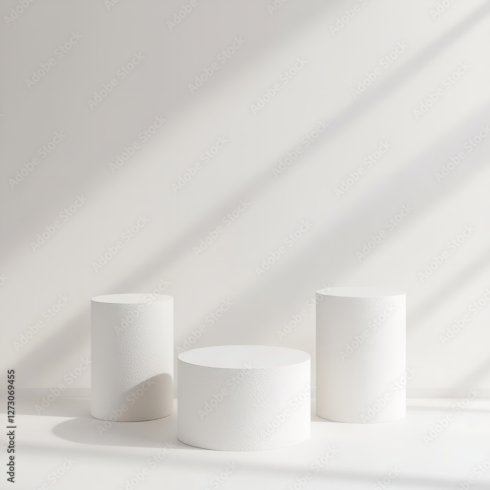 Three Simple White Cylindrical Bases: Three White Cylindrical Pedestals of Varying Heights Arranged Against a White Wall with Soft Shadows, Ideal for Product Showcases, Mockups, or Modern Design Prese Three Simple White Cylindrical Bases: Three White Cylindrical Pedestals of Varying Heights Arranged Against a White Wall with Soft Shadows, Ideal for Product Showcases, Mockups, or Modern Design Prese