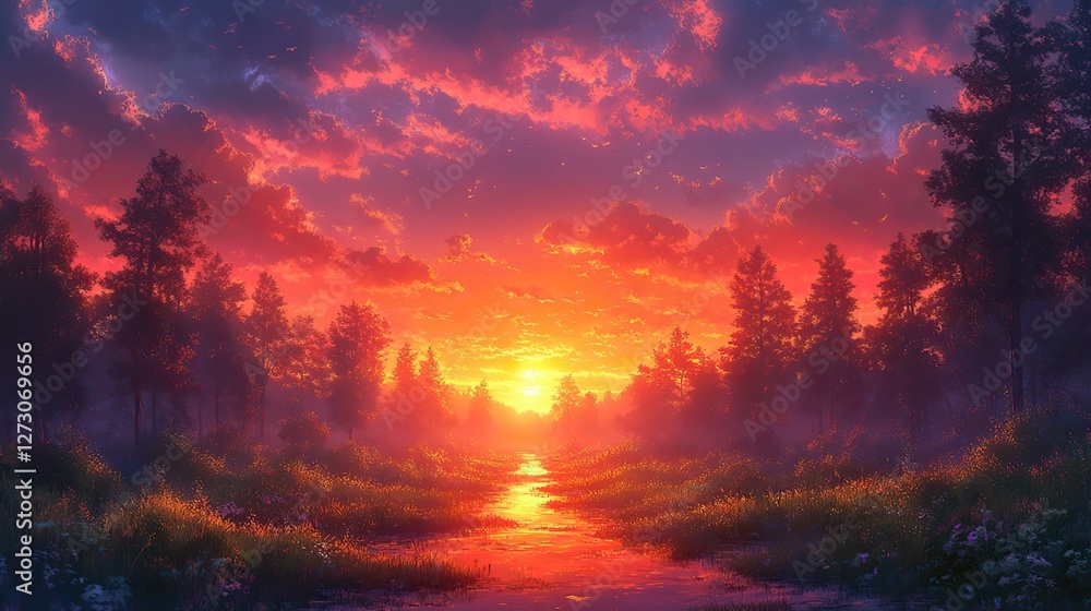 sunset in the forest mystical fantasy anime scenery sunset scenery anime scene background wallpaper with beautiful sunset generative ai sunset in the forest mystical fantasy anime scenery sunset scenery anime scene background wallpaper with beautiful sunset generative ai