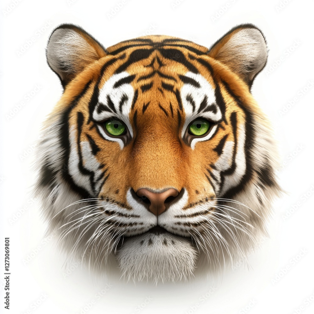 Powerful tiger with piercing green eyes isolated on white background Powerful tiger with piercing green eyes isolated on white background