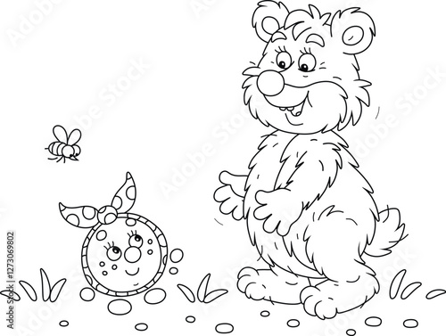 Funny big bear and a freshly baked round loaf Kolobok talking on a path in a summer forest, black and white vector cartoon illustration for a coloring book