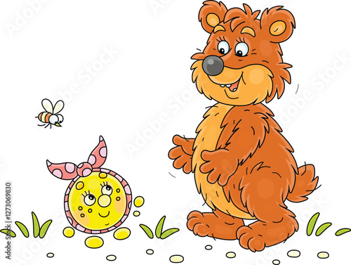 Funny big brown bear and a freshly baked round loaf Kolobok talking on a path in a summer forest, vector cartoon illustration on a white background