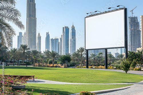 Large blank billboard above a Dubai park, capturing the essence of open space in daylight.