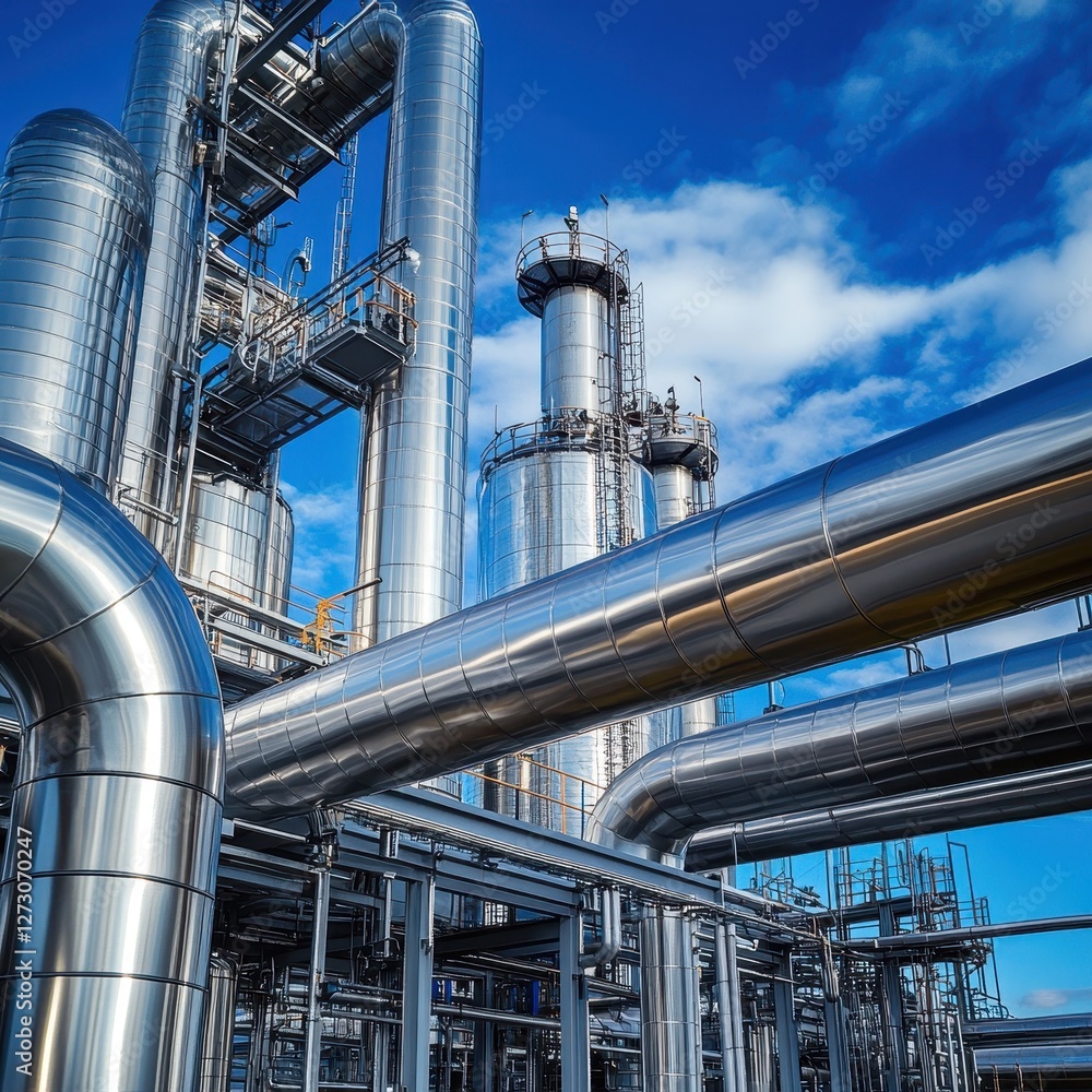 Industrial refinery landscape with gleaming metal pipes against a vibrant blue sky for energy production and chemical processing plant Industrial refinery landscape with gleaming metal pipes against a vibrant blue sky for energy production and chemical processing plant
