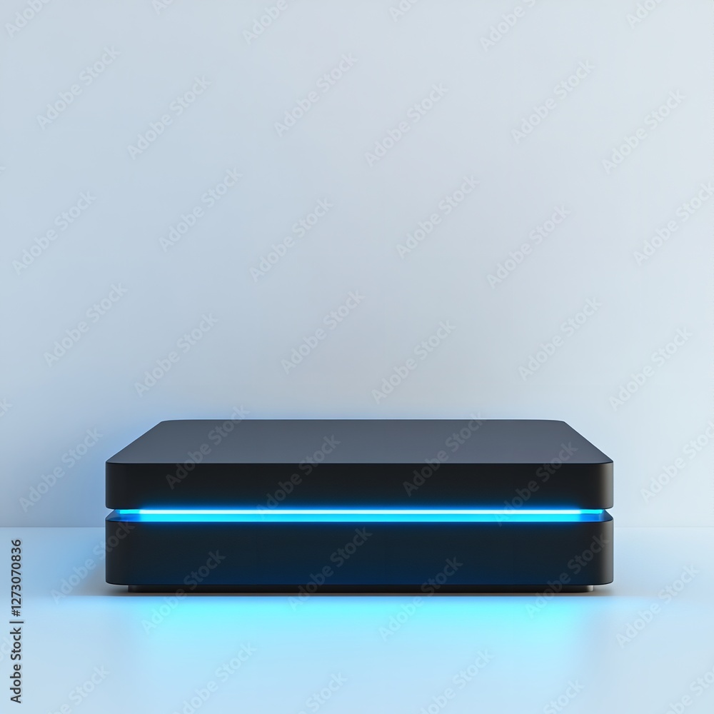 Illuminated Modern Display Platform: A Black Rectangular Tiered Platform with a Blue Neon Light Strip, Set Against a White Wall with Dramatic Lighting and Shadows, Emphasizing Modern Design and Produc Illuminated Modern Display Platform: A Black Rectangular Tiered Platform with a Blue Neon Light Strip, Set Against a White Wall with Dramatic Lighting and Shadows, Emphasizing Modern Design and Produc