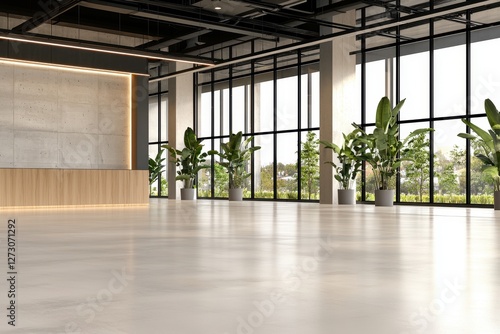 Modern office lobby with reception desk and tropical plants near windows offering natural light and spacious concrete floor creating an inviting atmosphere