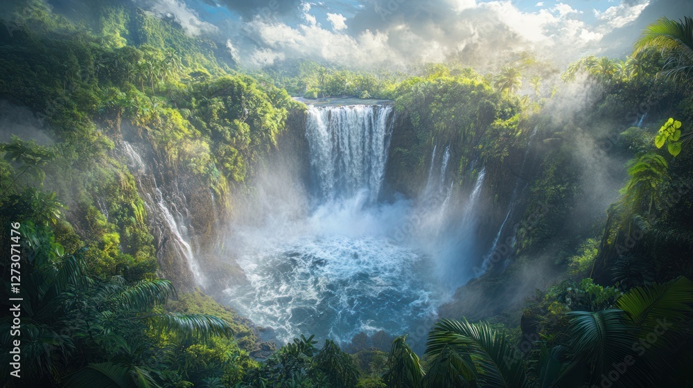 Fototapeta premium Lush jungle waterfall, sunlit mist, aerial view, travel tourism