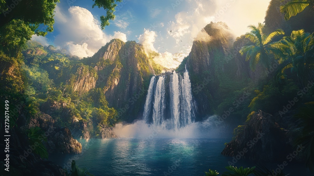 Fototapeta premium Lush jungle waterfall cascading into serene pool, mountains backdrop; travel poster