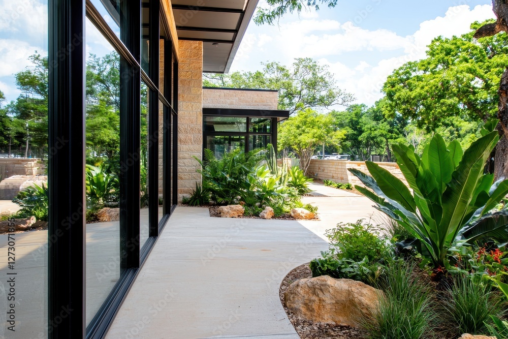 Serene building exterior with lush tropical landscaping and modern architecture under a bright sunny sky Serene building exterior with lush tropical landscaping and modern architecture under a bright sunny sky