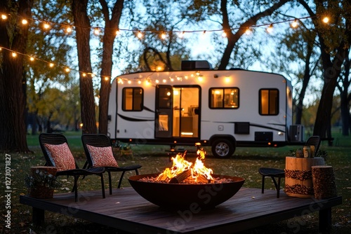 Cozy evening by the campfire with a modern camper in the background under string lights at dusk scenic view