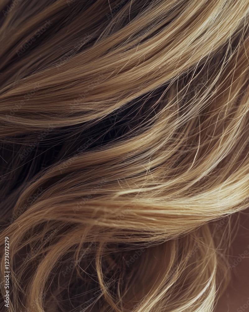 Naklejka premium Close-up of beautiful hair texture, light brown in color, wavy and shiny.