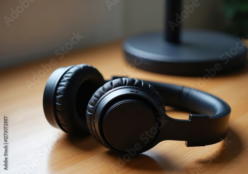 Black wireless headphones resting on a wooden surface in a modern setting
