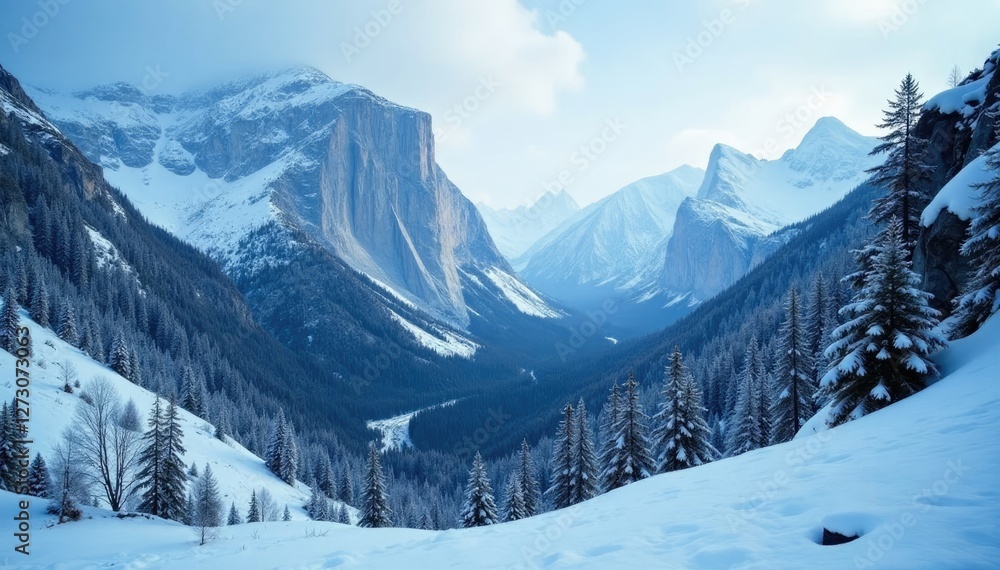 custom made wallpaper toronto digitalSerene snowfall amidst towering mountain peaks, rugged terrain, winding canyon