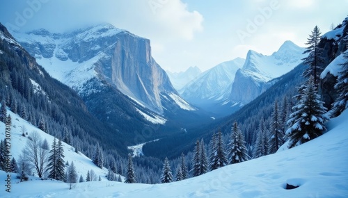 Wallpaper Mural Serene snowfall amidst towering mountain peaks, rugged terrain, winding canyon Torontodigital.ca