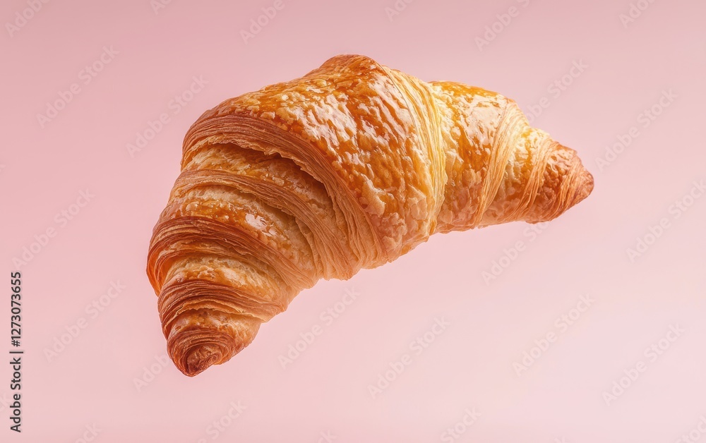 Floating French croissant with layers of flaky pastry, isolated on a pastel background Floating French croissant with layers of flaky pastry, isolated on a pastel background