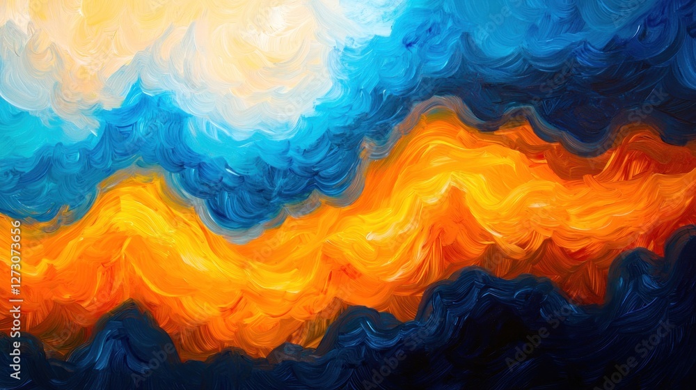 Obraz premium Abstract fiery and icy landscape, digital painting of contrasting colors and textures, vibrant hues of orange, blue and white, resembling a surreal dreamscape or fiery clouds.
