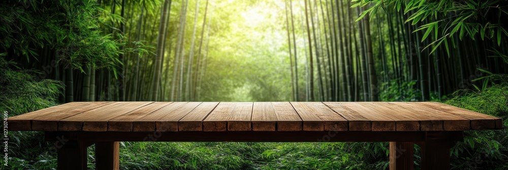 A wooden table in a bamboo forest background, featuring a natural surface for product displays A wooden table in a bamboo forest background, featuring a natural surface for product displays