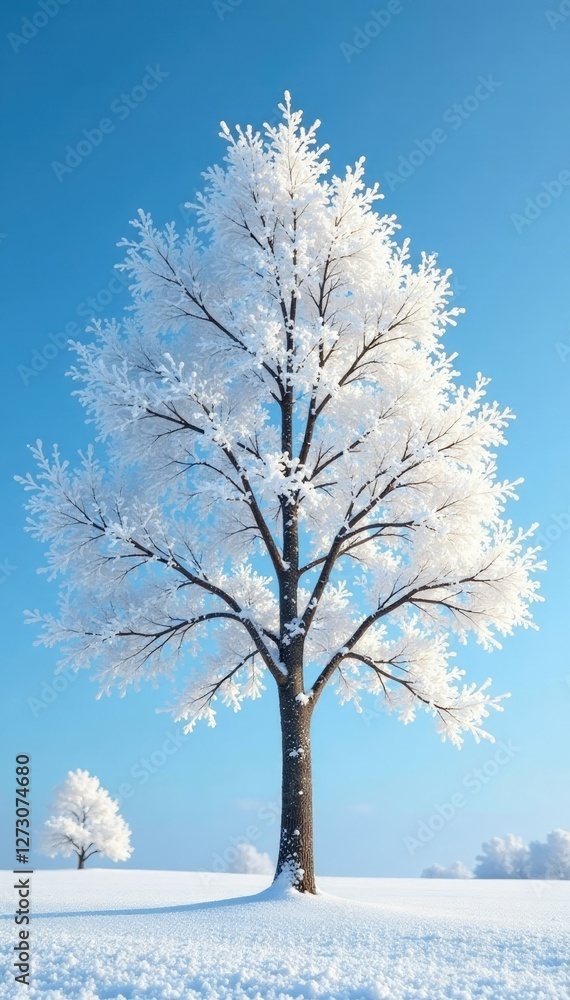 Snow-clad linden tree against a blue winter sky, frosty leaves, wintery scene, white trees Snow-clad linden tree against a blue winter sky, frosty leaves, wintery scene, white trees