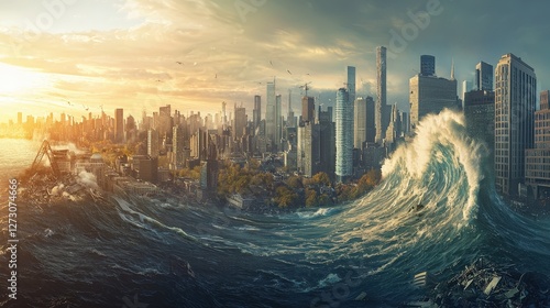 Gigantic tsunami is approaching the city, flashover city cataclysm landscape panorama