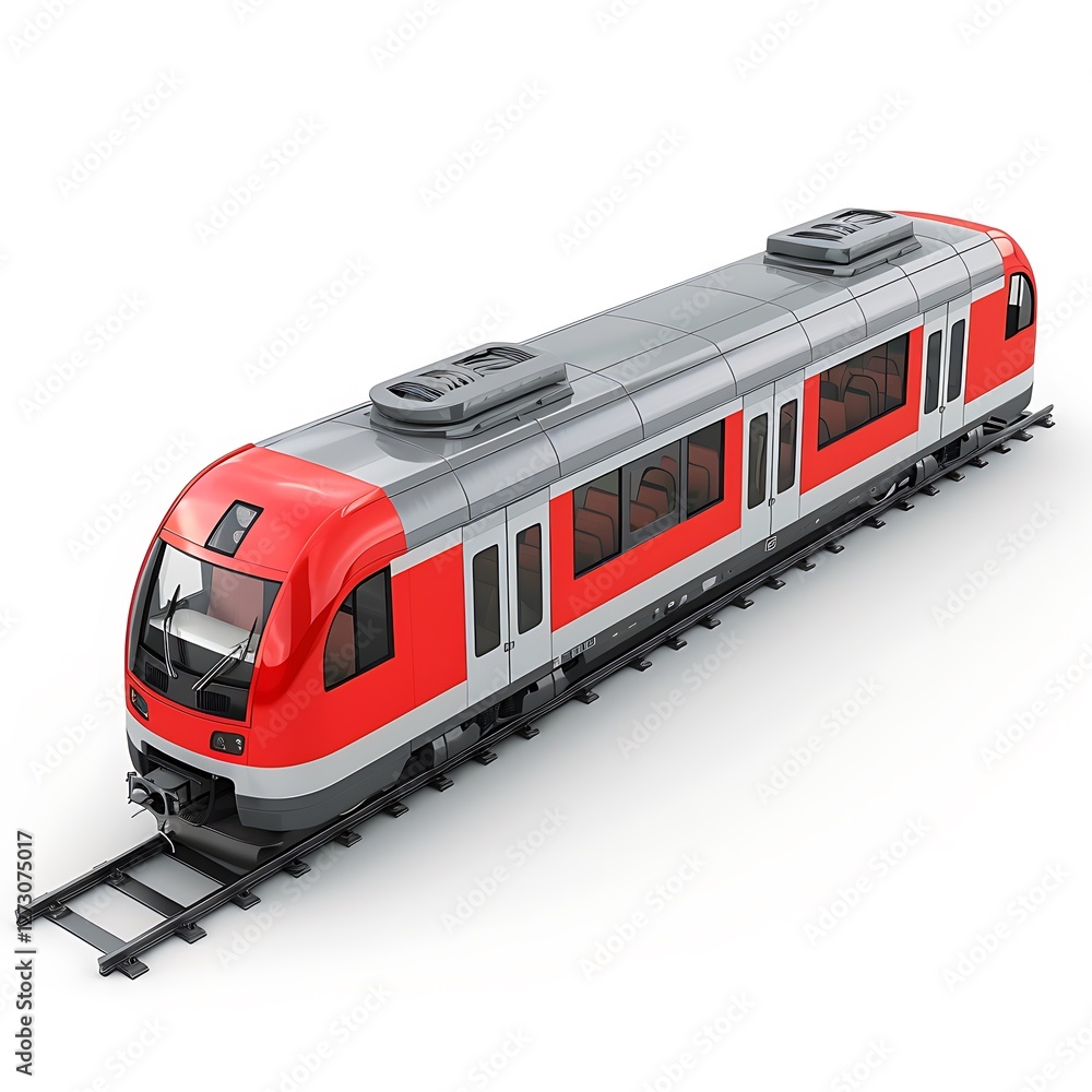 Modern Commuter Train: A sleek, red and silver commuter train glides along a track. Capturing its modern design and transport functionality. Modern Commuter Train: A sleek, red and silver commuter train glides along a track. Capturing its modern design and transport functionality.
