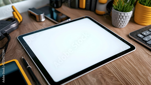 Close-up of a blank tablet cover placed on a desk alongside tech devices.
