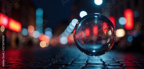 Wallpaper Mural A captivating close-up of a glass sphere on a cobblestone street, reflecting vibrant city lights at night, perfect for artistic, urban, or photography projects. Torontodigital.ca