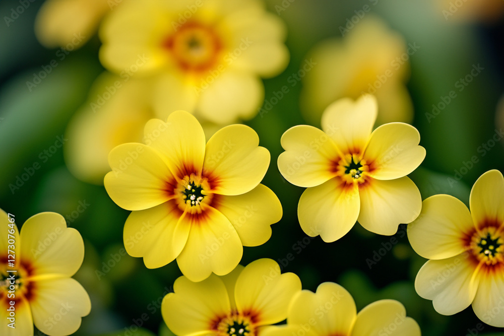 BLOOMING YELLOW FLOWERS ARE PLANTED WITH A BLUR BACKGROUND BLOOMING YELLOW FLOWERS ARE PLANTED WITH A BLUR BACKGROUND