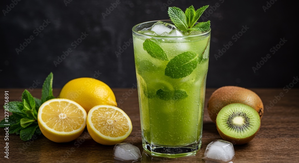 Fototapeta premium Refreshing Green Kiwi Lemon Mint Drink With Ice